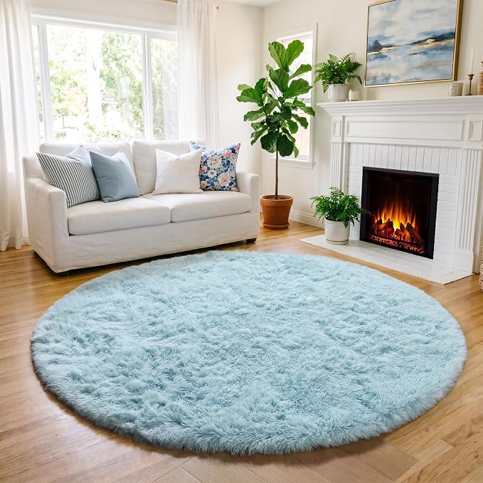 Amdrebio Light Blue Round Circle Area Rug 6Ft for Kids Bedroom, Large Soft Fluffy Kawaii Cute Rugs for Teen Girls Boys, Plush Shaggy Fuzzy Sky Baby Blue Carpet for Nursery Classroom Dorm Playroom