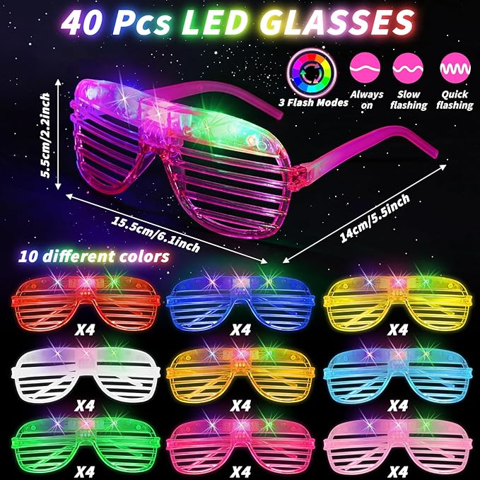 120 Pcs Glow in the Dark Party Supplies with Light up Glasses LED Bracelets 10 Neon Colors Glow Stick Bracelet Flashing Glasses for Kid Adult Rave Birthday Wedding Halloween Christmas Party Toys Favor