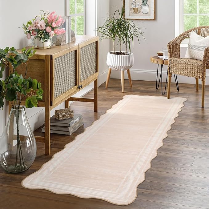 Garvee Washable 2x6 Bathroom Rug Runners Kitchen Rug Hallway Runner Rugs Non Slip Low Pile Faux Wool Scalloped Rugs, Modern Solid Color Carpet for Bedroom Entryway Laundry Foyer,Natural Ivory