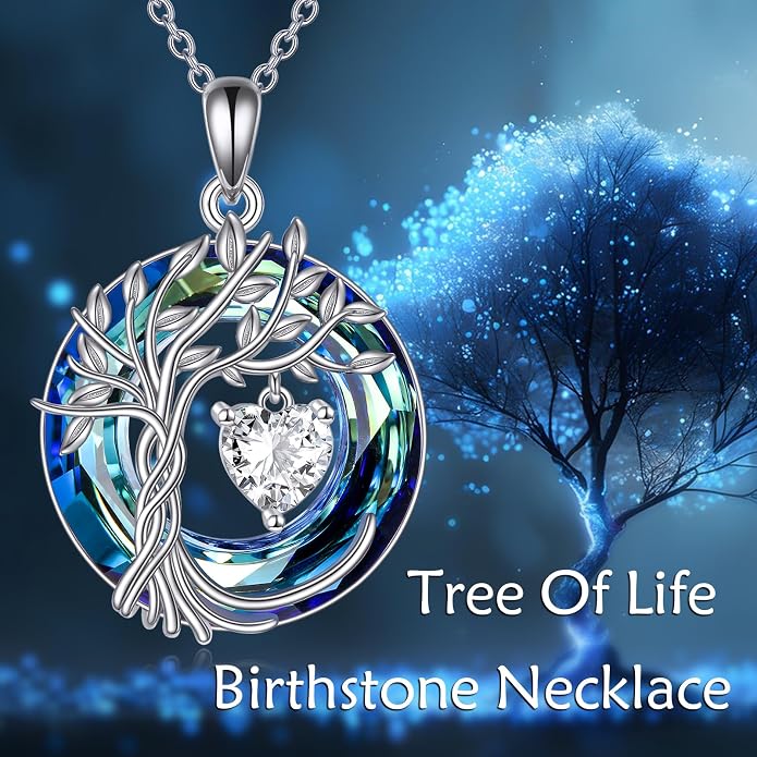 POPLYKE Mothers Day Gifts for Mom Her Wife Tree of Life Necklace 925 Sterling Silver Birthstone Pendant with Crystal Anniversary Birthday Wedding Jewelry for Women