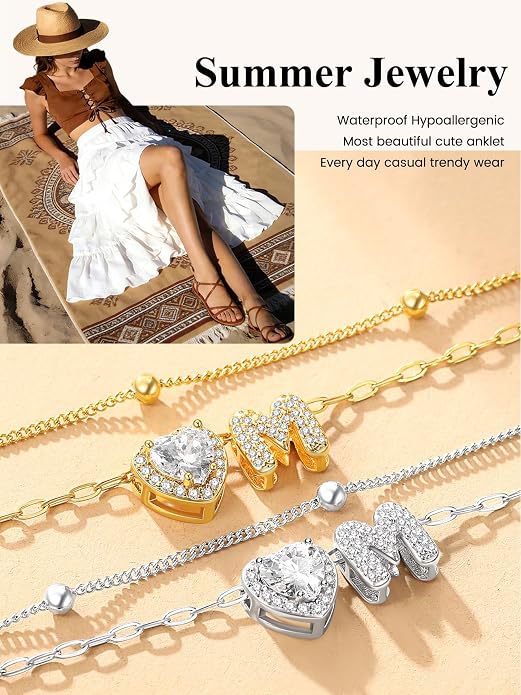 Bestyle Initial Anklet Bracelets for Women Waterproof Non Tarnish 14K Gold/White Gold Plated CZ Anklets for Women Dainty Layered Letter Heart Ankle Bracelets Adjustable Foot Chain Anklet