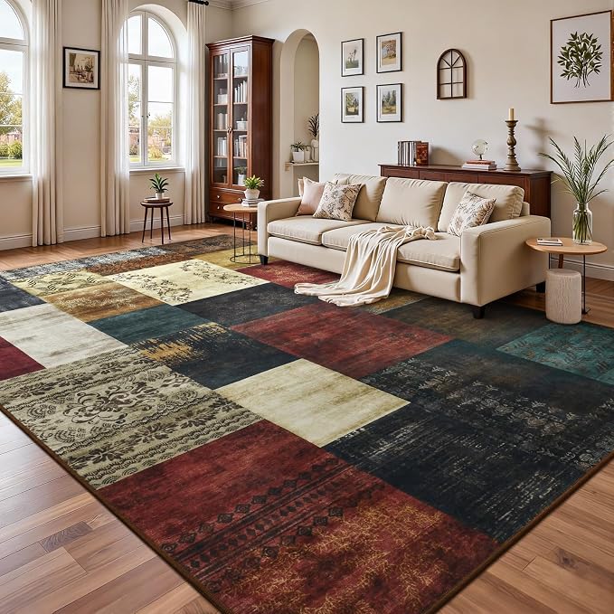 DweIke Washable Area Rugs 5x7 for Living Room, Modern Geometric Colorful Soft Patchwork Carpet, Non-Slip Stain Resistant Throw Rug for Bedroom Dining Room Office Home Decor