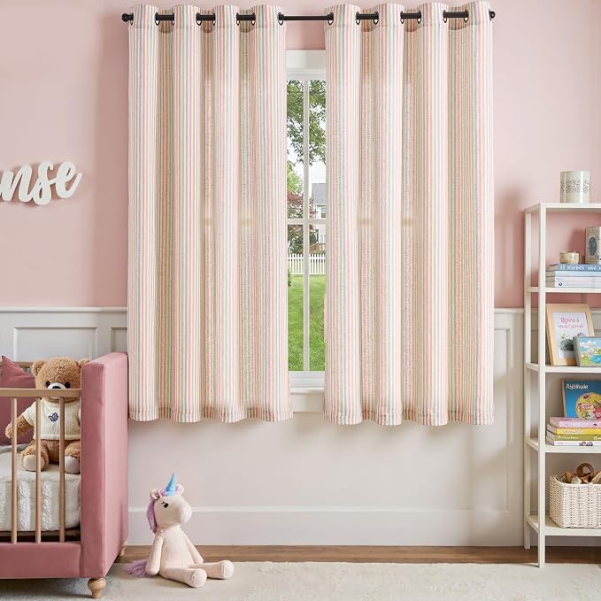 jinchan Linen Curtains 63 inch Candy Stripe for Kids Room Grommet 2 Panels | Kids Curtains for Living Room Baby Girls Room,Ticking Stripe,Nursery Drapes, Window Treatments,Cottagecore,Light Filtering