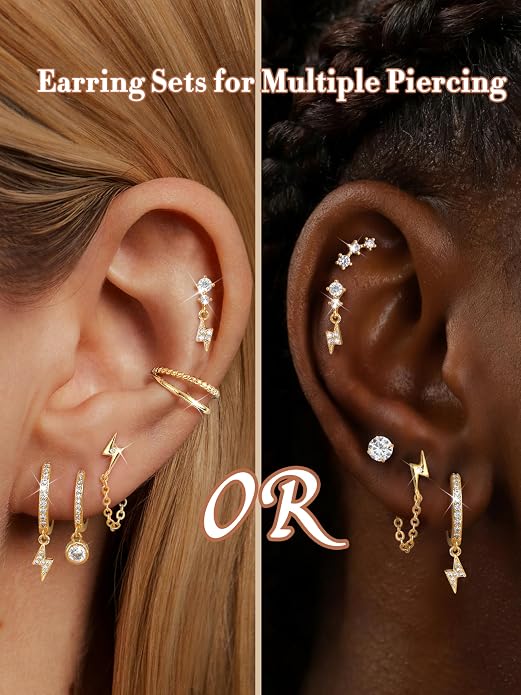 Dochais Flat Back Cartilage Earrings for Women Trendy Dainty CZ Flatback Studs Earing Sets 14k Gold Plated Hypoallergenic Huggie Hoops Earring Stacks for Multiple Piercing