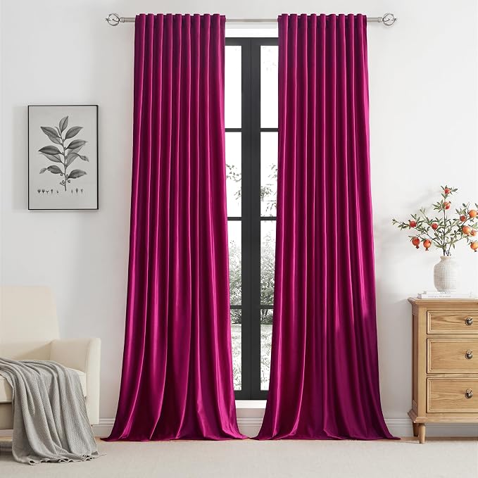 100% Full Blackout Hot Pink Velvet Curtains 72 inch Long for Living Room,Set of 2 Liner Rod Pocket Back Tab Thermal Window Curtains Room Darkening Heavy Decorative Curtains Drapes for Bedroom