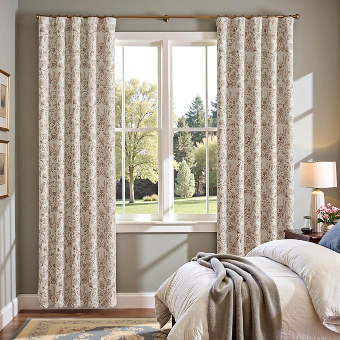 jinchan Taupe Floral Blackout Curtains 84 Inch Farmhouse Back Tab 2 Panels | Taupe on beige, room darkening, traditional vintage drapes, bedroom, living room, botanical, flower print, window treatment