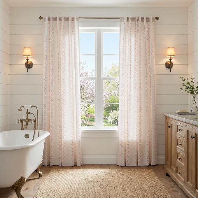 Lazzzy Cathy Linen Floral Curtains for Living Room Terracotta Curtains for Bedroom Farmhouse Drapes 84 Inches Length 2 Panels Back Tab W50 x L84 Terracotta on Linen