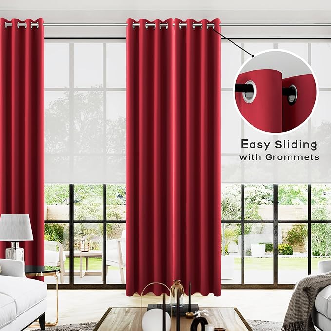 KOUFALL Curtains for Living Room,Black Out Curtain 96 Inches Long 2 Panel Set Red Blackout Decorative Window Treatments Thermal Curtains for Summer Insulated