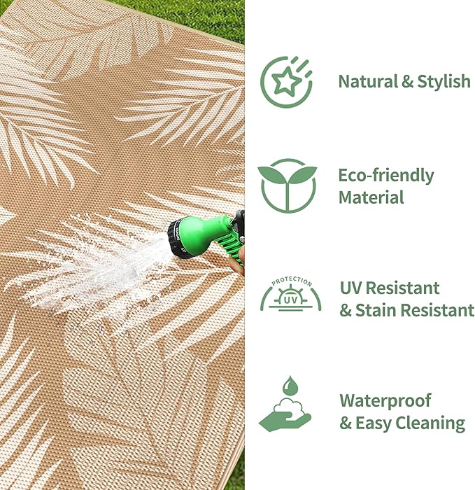 GENIMO Outdoor Rug, Waterproof Plastic Rugs for Patio, 5'x8' Brown Beige | Outside Larger Leaf Carpet Mat for Porch Decor, Deck, Balcony, Camping, RV, Backyard, Picnic, Beach, Reversible, Foldable