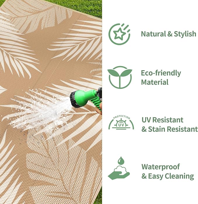 GENIMO Outdoor Rug, Waterproof Plastic Rugs for Patio, 8'x10' Brown Beige | Outside Larger Leaf Carpet Mat for Porch Decor, Deck, Balcony, Camping, RV, Backyard, Picnic, Beach, Reversible, Foldable