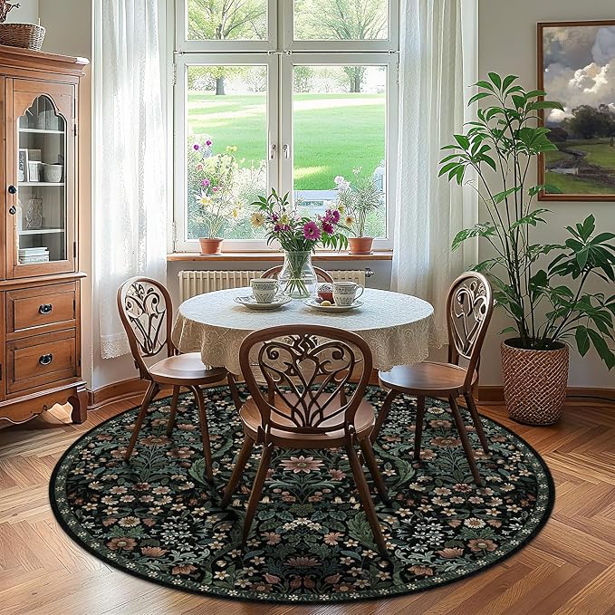 Round Rug 6ft Black Washable Floral Circle Rug,Vintage Boho Botanical Round Area Rugs, Non-Slip Soft Low-Pile Circular Carpet for Bedroom,Kids Room,College Dorm,Home Decor