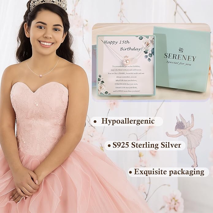 Sereney Sterling Silver Birthday Gifts for Girls Women, Pearl Necklace as 7 9 10 11 13 15 16 18 21 30 40 50 60 Year Old Birthday Gifts, Single Pearl Necklace as Bday Gifts for Friends