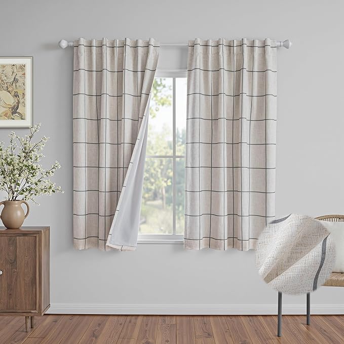 MYSKY HOME 100% Blackout Plaid Linen Curtains 63 Inches Long Double Layer Farmhouse Thermal Insulated Checkered Print Drapes with Rod Pocket Back Tab for Living Room Bedroom, 2 Pcs, 52"Wide, Deep Grey