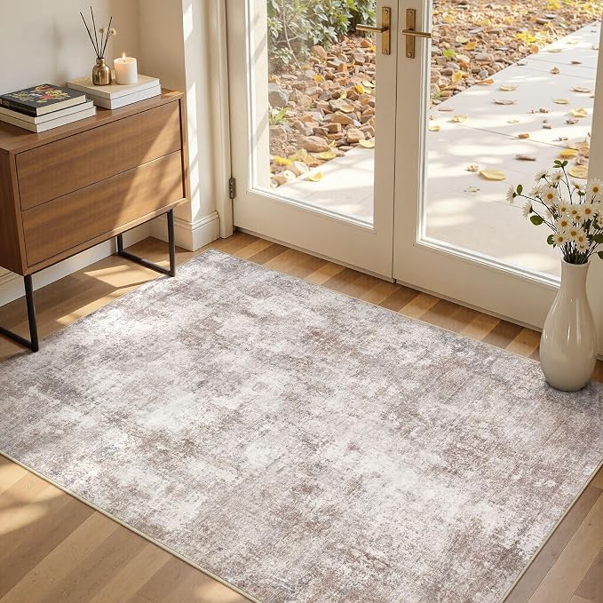 Neutral Washable Area Rug 3x5, Abstract Small Rugs for Entryway | Modern Abstract Carpet, Stain Resistant and Kid & Pet Friendly, Joint-Friendly Indoor Rug, Made for Entryway Bathroom - Brown