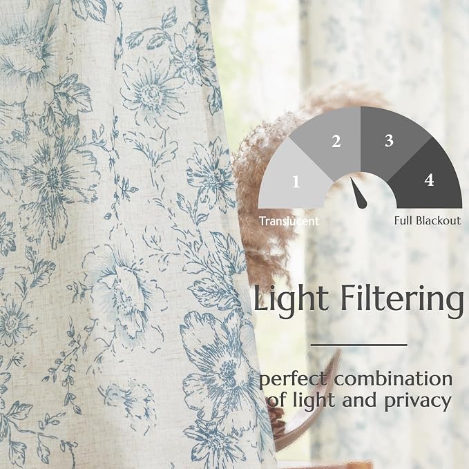 jinchan Blue Floral Linen Curtains 84 Inch Farmhouse Back Tab 2 Panels | Light filtering drapes, semi sheer, farmhouse, cottagecore, rustic, living room, bedroom, rod pocket, window treatment
