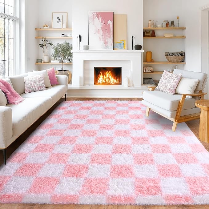 Pionblank 9x12 Area Rug, Large Fluffy Checkered Rugs for Living Room, Shag Rug for Bedroom, Soft Non Slip Shag Carpet for Kids Room Nursery Home Decor, Pink and White