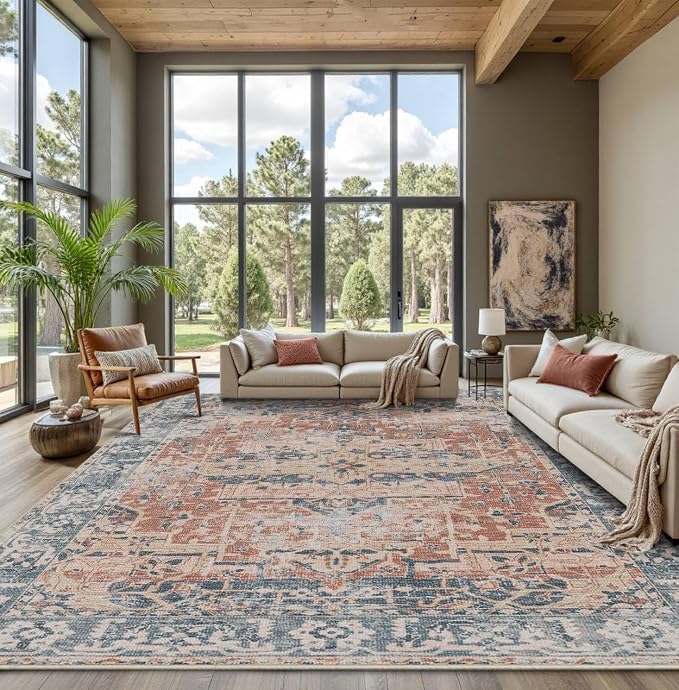 Rugxara 9x12 Area Rugs for Living Room Large Washable Rug, Coral Blue | Non Slip, Rug for Bedroom Dining Room Office, Stain Resistant, Soft, Low Pile, Vintage Boho Retro Carpet, Home Decor