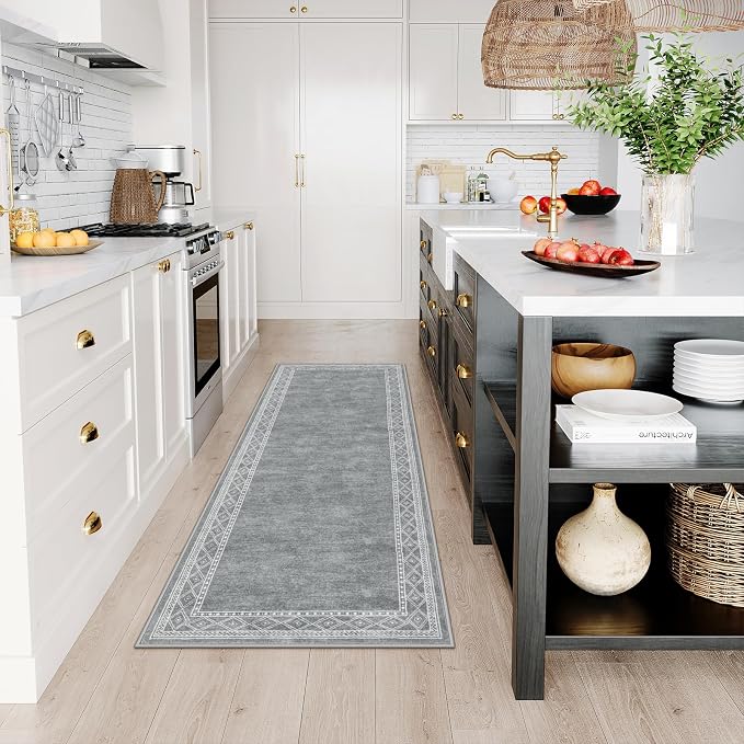 Lahome Modern Bordered Kitchen Runner Rugs Non Skid Washable, 2x6 Runners for Hallways Non Slip Ultra-Thin Hallway Rug, No Shedding Soft Carpet for Entryway Laundry Room Bedroom (2x6ft,Grey)