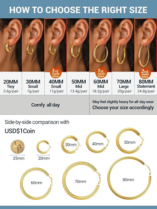 Stainless Steel Chunky Hoop Earrings For Women, Minimalist and Chic, Black/Gold Plated, Round Hoops Earrings Hypoallergenic, Size: 30mm/40mm/60mm/80mm, Come with Box