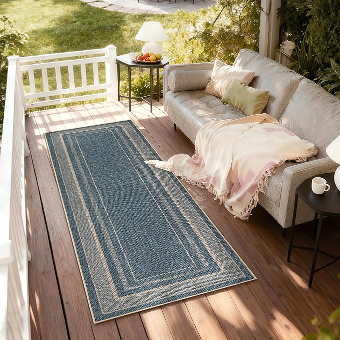 GarveeHome 2x6 Runner Rug for Hallway Modern Solid Washable Kitchen Rugs | Non Slip Modern Neutral Bordered Stain Resistant Indoor Throw Carpet for Nursery Kitchen Dining Room Entryway, Blue