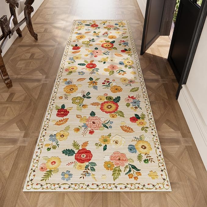 2x6 Hallway Washable Runner Rug: Vintage Kitchen Rug Runner with Non Slip Backing Low Pile Soft Faux Wool Non Shedding Distressed Carpet Runners for Entryway Living Room Bedroom Bathroom Farmhouse