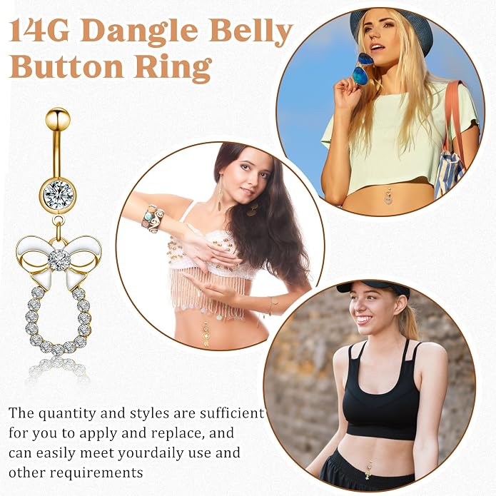 Junkin 20 Pcs 14G Dangle Belly Button Ring, Dangling 316L Surgical Navel Rings Cubic Zirconia Belly Piercing Jewelry