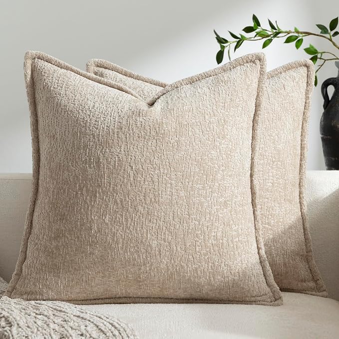 DEZENE Pack of 2 Tan Decorative Throw Pillow Covers 22x22 Cozy Soft Chenille Accent Vintage Square Couch Pillow Covers for Home Decor Bed Sofa Living Room