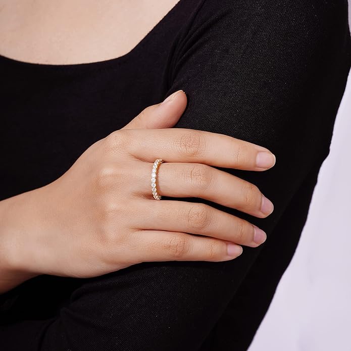 Amazon Essentials Platinum or Gold Plated Sterling Silver All-Around Band Ring set with Round Infinite Elements Cubic Zirconia