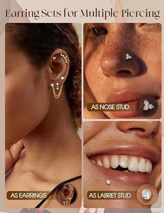 ORAZIO 16G/18G/20G Threadless Flat Back Earrings 316L Surgical Steel Cartilage Earring Stacks Flatback Push in Nose Rings Studs Hypoallergenic Tragus Helix Conch Labret Medusa Piercing Jewelry