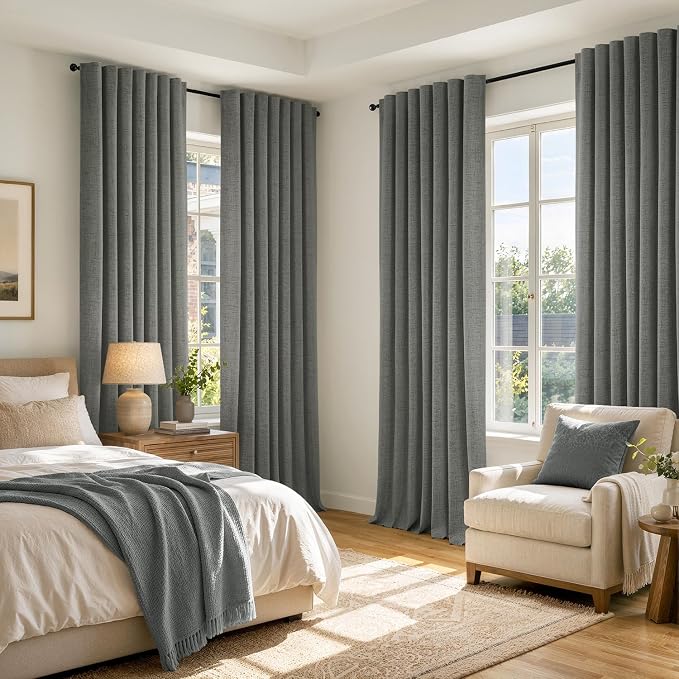 MIULEE 100% Blackout Linen Curtains 42 x 96 Inch Dark Grey 2 Panels | Thermal Insulated, Room Darkening Drapes for Bedroom Living Room, Back Tab Rod Pocket Pinch Pleated, Solid Luxury Decor