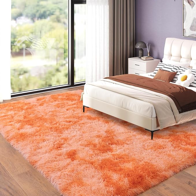9x12 Area Rugs for Living Room, Orange Tie-Dyed Plush Fluffy Carpet | Upgrade Non-Slip Thick Large Orange Area Rug for Nursery Kids Room Dorm Room Home Decor, Indoor Plush Floor Carpet
