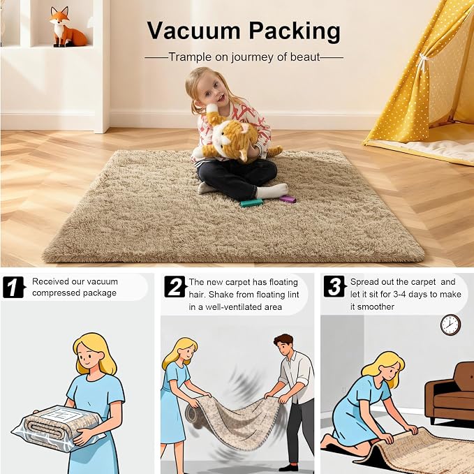 Area Rugs 9x12 Living Room, Large Fluffy Rugs for Bedroom, Fuzzy Shag Soft Non-Slip Carpet for Kids Girls and Boys Nursery Dorm Indoor Room Home Decor (9ft X 12ft, Light Tan)