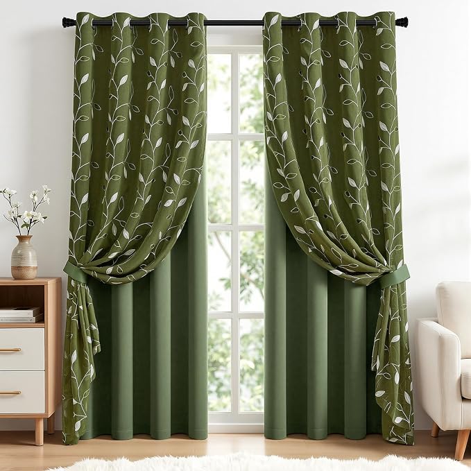 MIULEE Olive Green Double Layer Curtains 96 Inches Long, Leaf Patterned Sheer Floral Drapes and Blackout Room Darkening Window Curtains for Living Room Bedroom, Grommets Top, 52" W x 96" L, 2 Panels