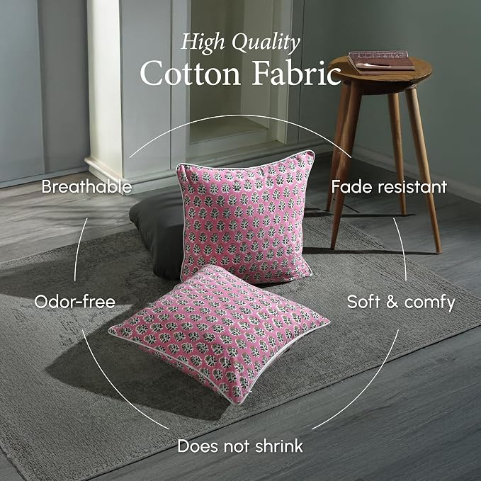 CPC 100% Cotton Throw Pillow Covers 24x24 Inch, Set of 2 Green Block Print Pattern Couch Pillow, Cute Boho Decorative Pillows for Living Room, Bedroom with Hidden Zipper- Poppy Pink