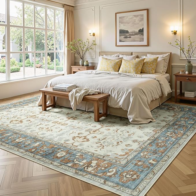Lessymo Washable Area Rug for Living Room,9x12 Large Rugs with Non-Slip Backing,Soft Boho Carpets for Bedroom Dining Room Nursery Home Office,Light Brow