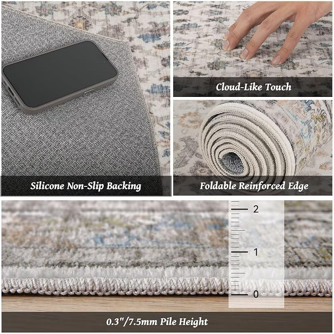 Boho Washable 5x7 Area Rugs for Living Room, Cushioned, Cream/Blue | Vintage Non-slip Rugs for Bedroom Dining Room Nursery Office, 0.3" Neutral Oriental Throw Thin Carpet, Cream/Blue
