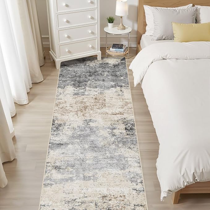 Runner Rug Kitchen Washable Rugs: 2x10 Non-Slip Abstract Soft Modern Stain Resistant Indoor Floor Neutral Accent Throw Carpet for Hallway Bathroom Laundry Room Entryway Bedroom- Grey Brown
