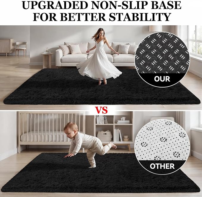 Area Rugs 9x12 Living Room Bedroom: Soft Fluffy Shag Rugs Upgrade Non-Slip High Pile Carpet Large Fuzzy Plush Indoor Floor Shaggy Carpets for Nursery Kid Playroom Office Dorms Home Decor Black