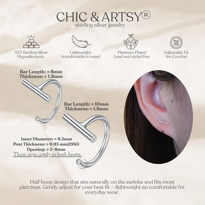 CHIC & ARTSY 925 Sterling Silver Half Hoop Earrings for Women, Small Huggie Hoops Set with Ball Bar Star Moon Cross & Pearl, Lightweight Comfort Fit Everyday & Sleep Earrings