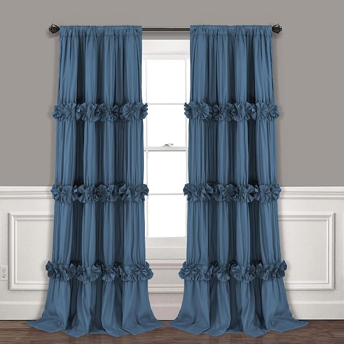 Homechoice Decor Thermal Insulated Blackout Window Curtains, 54" W x 84" L x 2 Panels, Boho Ruched Window Treatments with 3 Rows of Butterfly Flowers, Rustic Rod Pocket Drapes, Dusty Blue (LQ-30)