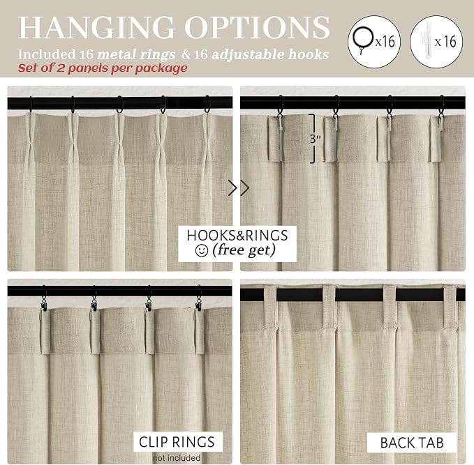 Floor to Ceiling Light Flax Linen Curtains 120 Inches Long 2 Panels Set for Patio Sliding Door 2 Panels Set, Elegant Memory Shape Pinch Pleated Warm Beige Sheer Curtain Light Filtering for Dining Room