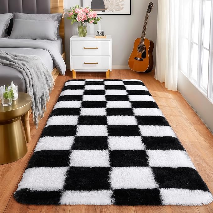 Pionblank Checkered Rug for Bedroom 2x6, Modern Fluffy Runner Rugs for Living Room, Super Soft Shaggy Bedside Carpet for Kids Room Nursery Teens Dorm Decor, Black and White