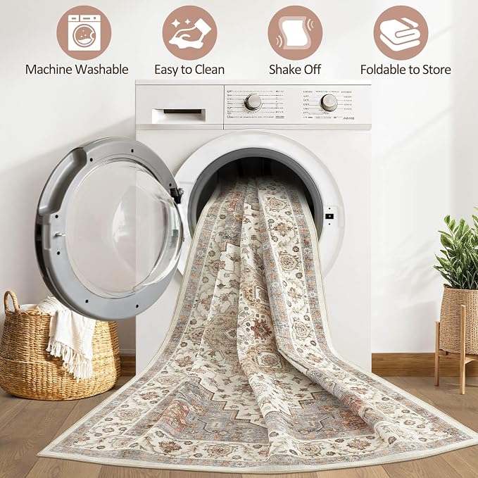 7x10 Area Rug Living Room: Washable Boho Large Neutral Vintage Soft Rugs Stain Resistant Farmhouse Non-Slip Indoor Floor Carpet for Bedroom Nursery Kids Playroom Office Dining Room- Orange Beige