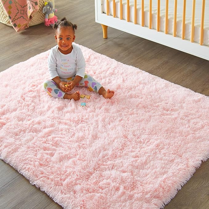 Ophanie Pink Area Rugs for Bedroom Girls, 5x8 Kids Fluffy Fuzzy Furry Shag Carpet, Plush Soft Cute Baby Shaggy Bedside Indoor Floor Rug for Teen Dorm Decor, Nursery with Over 99 pcs Pile fibers