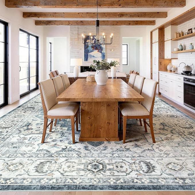 Lessymo Washable Area Rug for Living Room,10x14 Large Rugs with Non-Slip Backing,Soft Boho Carpets for Bedroom Dining Room Nursery Home Office,Blue Grey/Beige