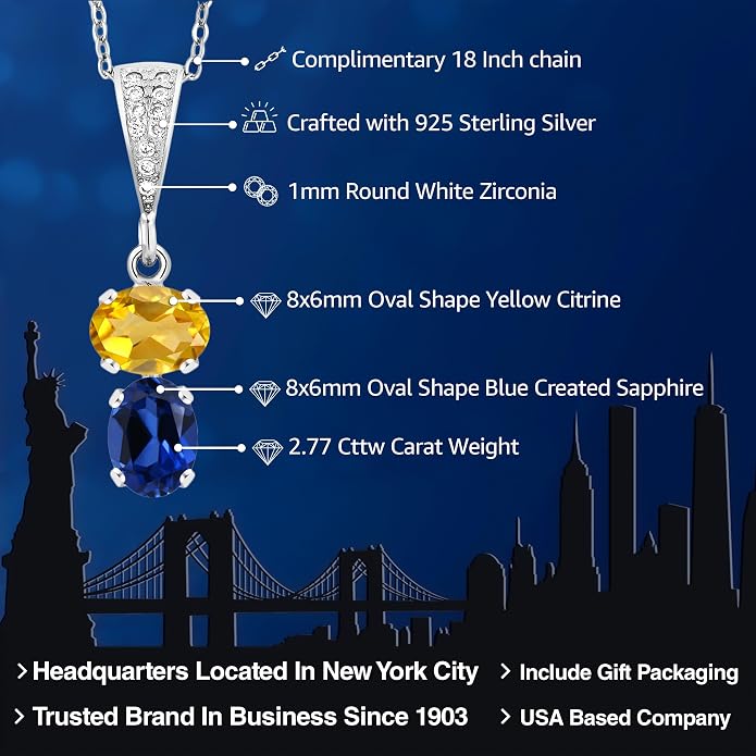 Gem Stone King 2-Stone Gemstone Birthstone Pendant Necklace for Women in 925 Sterling Silver | Oval 8x6MM | 18 Inch Silver Chain | Fine Jewelry for Her Mom Wife