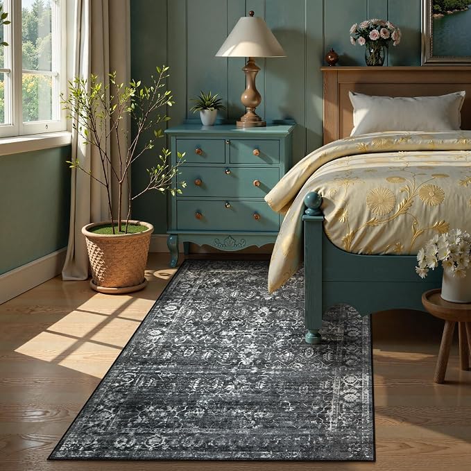 Lahome Margot Washable Black 4x6 Area Rugs for Living Room Bedroom, Boho Vintage Non Slip Stain Resistant Floor Dining Room Carpet for Office Entrance Decor
