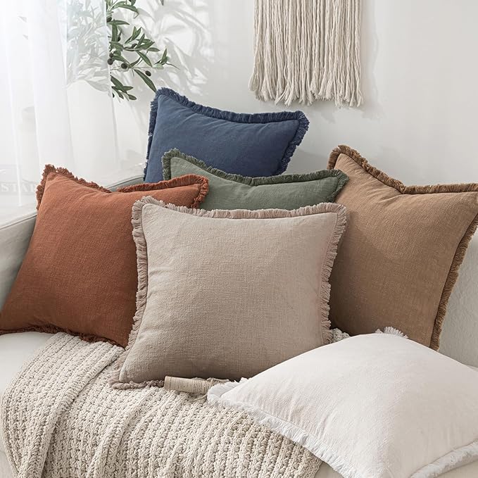 MIULEE Decorative Throw Pillow Covers Neutral Linen Fringe Throw Pillows Set of 2 Natural Linen Boho Farmhouse Cushion Covers with Tassels for Couch Sofa Bed Spring Home Decor 16x16 Inch
