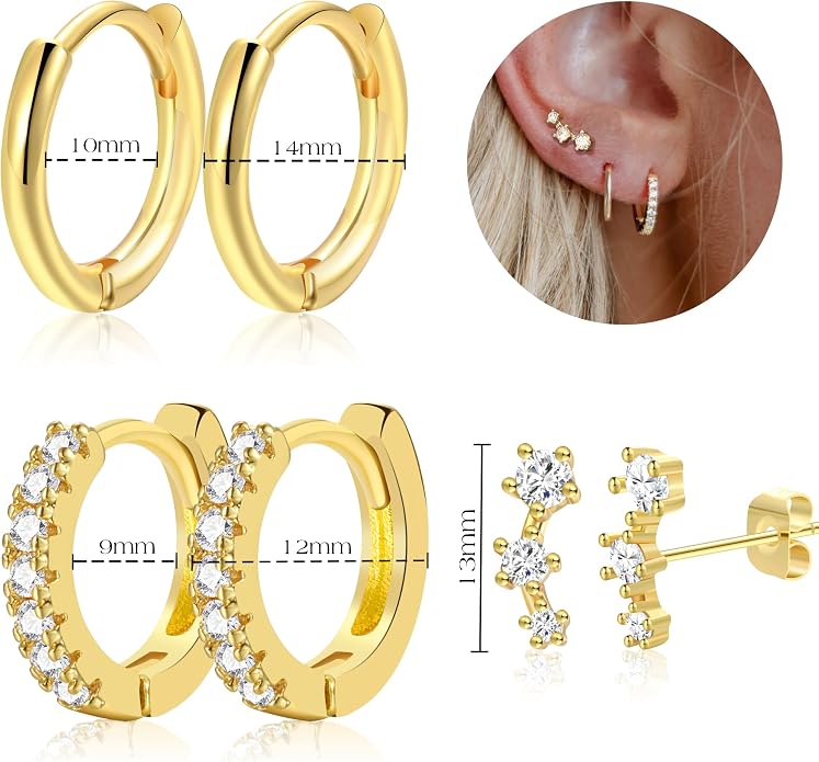 6 Pairs 14K Gold Plated Stud Earrings for Women, Hypoallergenic Cartilage Earrings for Multiple Piercing, Dainty Small Stackable Earrings Set for Jewelry Gift