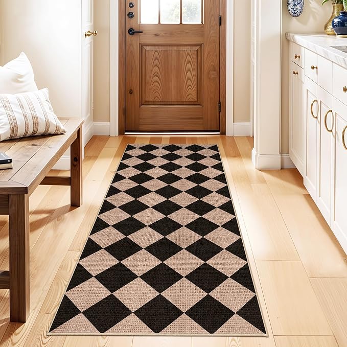 Easy Jute 2x5 Runner Rug: Non Slip Checkered Machine Washable Entryway Mats | Low Pile Indoor Doormat Kitchen Bathroom Carpet Dorms Small Spaces Ideal Young Families First Home Textured (Black/Brown,2x5)